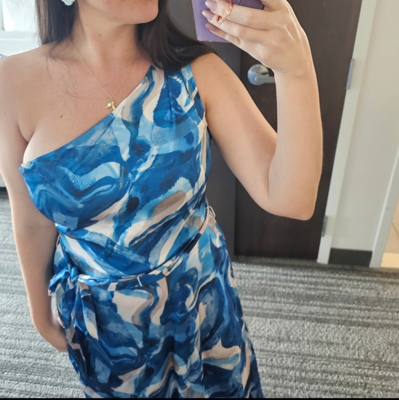 NWOT Nicole Miller Blue and White Satin One-Shoulder Maxi Dress - Picture 2 of 7